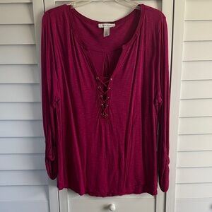 White House Black Market Berry Lace-Up Long Sleeve Top